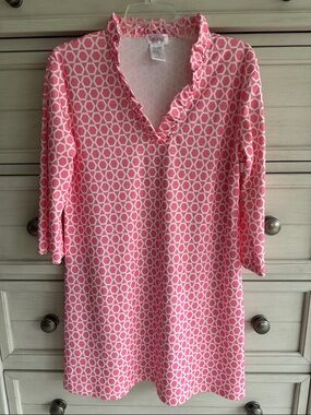 Top It Off Pink Geo Print Ruffle V-Neck Shift Dress